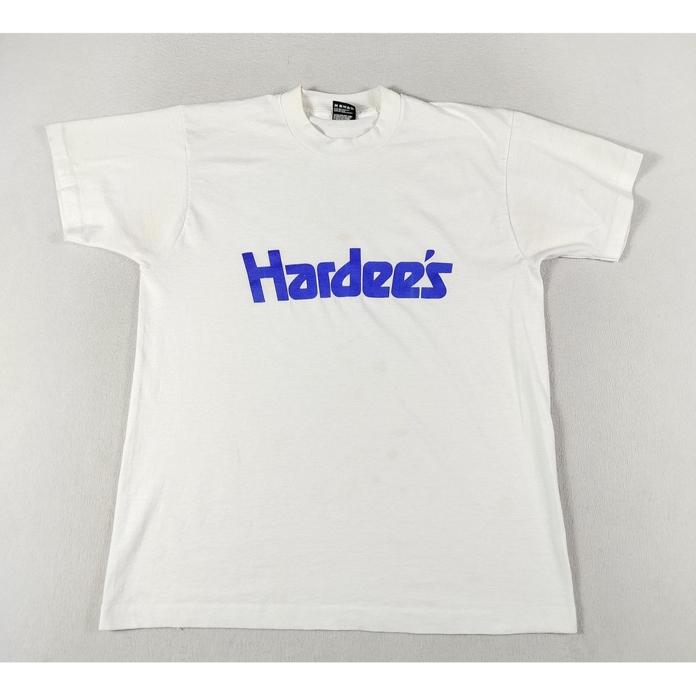Vintage Hardee's Shirt Mens Large White Logo Graphic Tee USA Restaurant Promo